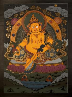 Jhambala Kubera Hand-Painted Buddhist Thangka | Wall Hanging Yoga Meditation Canvas Art